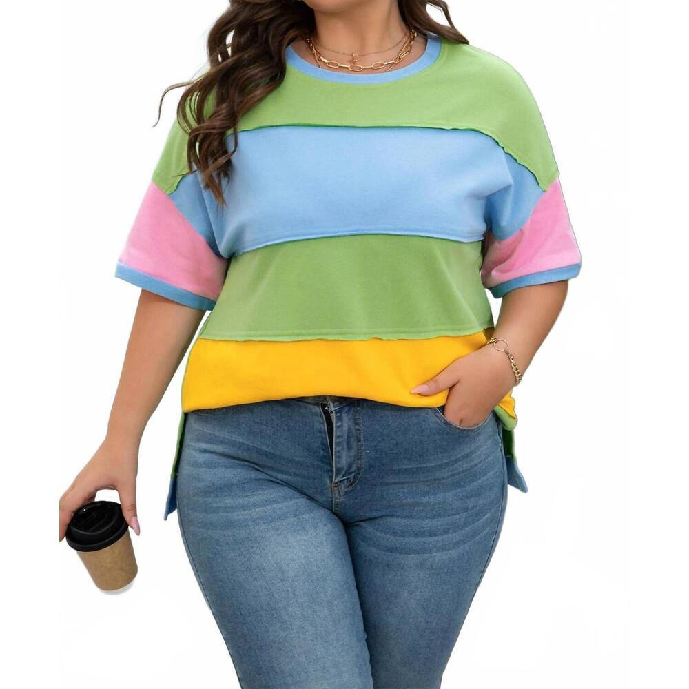 NEW DEAR LOVER color block exposed seam patchwork t shirt - plus in light blue